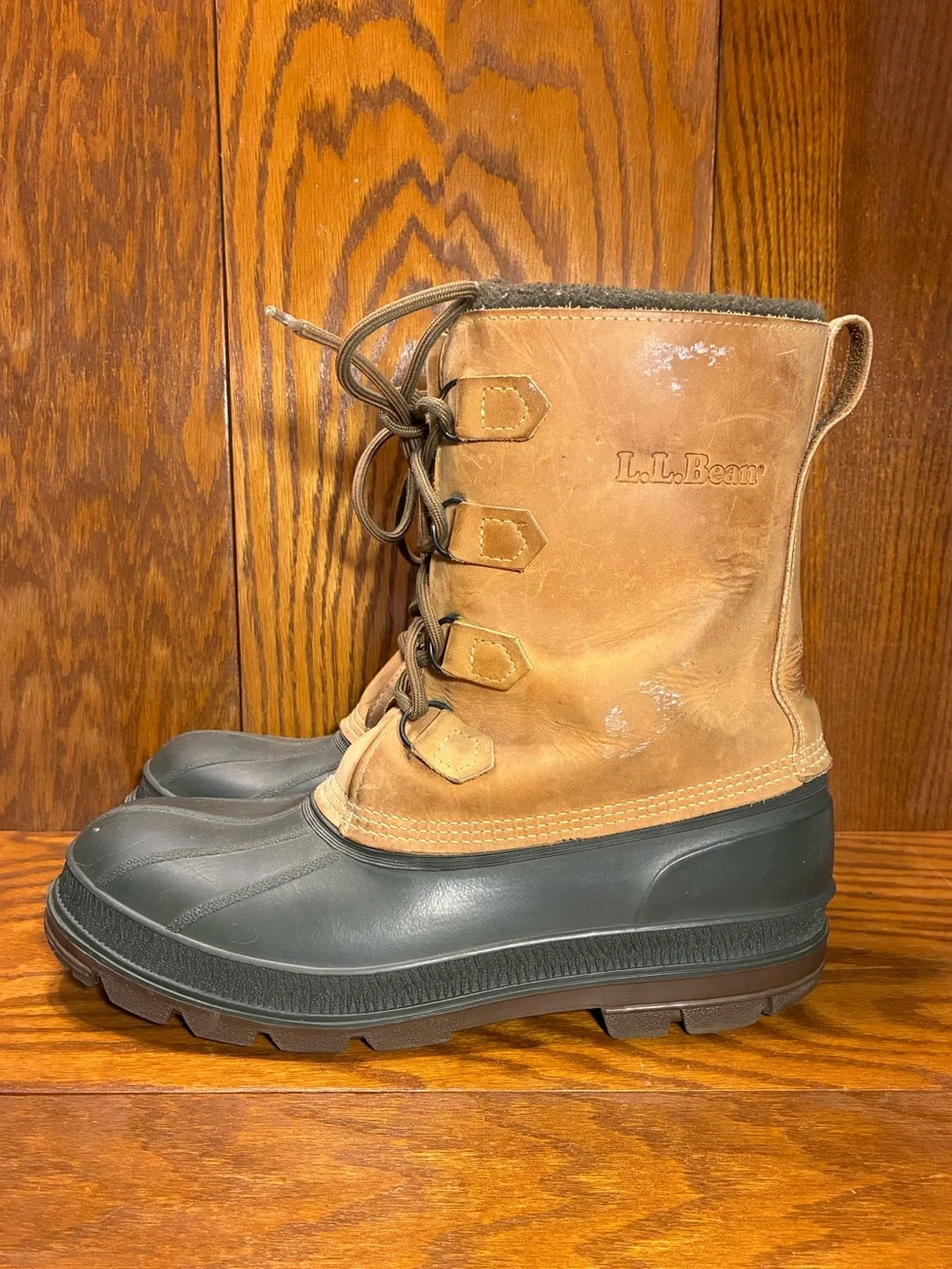 L.L. Bean Duck Snow Boots Removable Liners Brown Leather Green Rubber Men’s 11